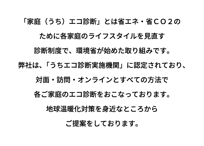 「家庭（うち）エコ診断」とは省エネ・省ＣＯ２の ために各家庭のライフスタイルを見直す 診断制度で、環境省が始めた取り組みです。 弊社は、「うちエコ診断実施機関」に認定されており、対面・訪問・オンラインとすべての方法で 各ご家庭のエコ診断をおこなっております。 地球温暖化対策を身近なところから ご提案をしております。